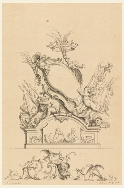 Design pour Cartouche avec Couronne, Deux Putti servant Bacchus, et Deux Lions de "Cartouches Nouvellement Inventez" - Charles Nicolas Cochin the younger
