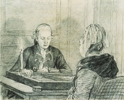 Un couple assis, la dame vue de dos, jouant au backgammon à la chandelle - Charles Nicolas II Cochin