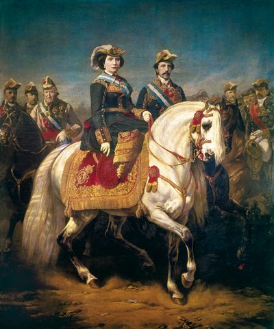 Défilé militaire passé en revue par les rois Isabelle II d