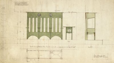 Conception pour des bancs et une table, montrée en élévation et plan de section - Charles Rennie Mackintosh