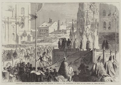 Couronnement du roi de Hongrie, le roi jurant de maintenir la Constitution devant l