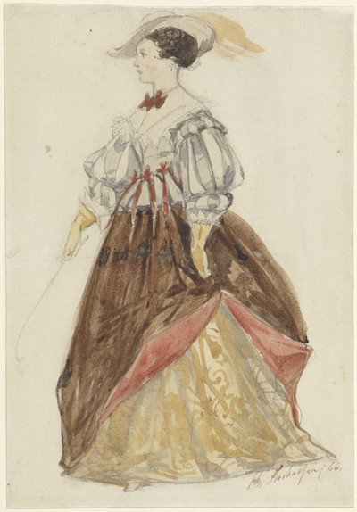 Femme en costume riche, avec chapeau et fouet à la main - Charles Rochussen