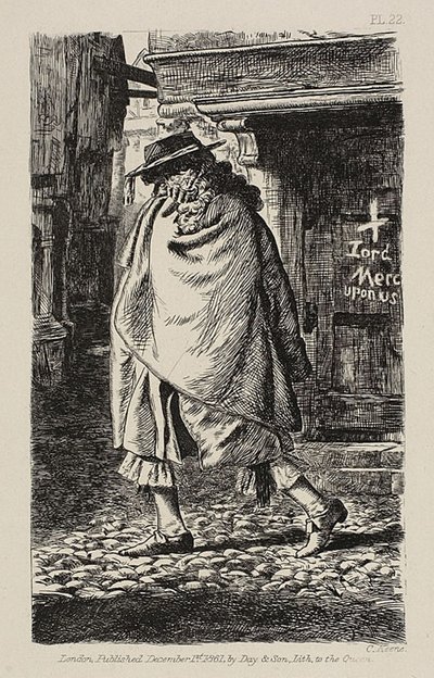 Une figure en manteau passant dans la rue (au moment de la peste à Londres) - Charles Samuel Keene