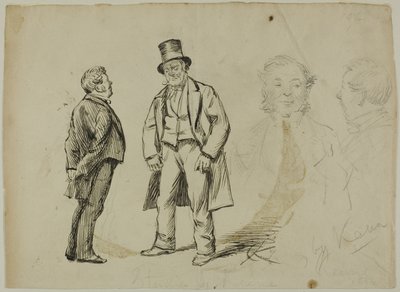 Esquisse de deux hommes debout et deux portraits - Charles Samuel Keene