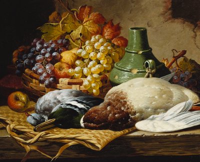 Un colvert et un pigeon ramier avec un panier de pommes et de raisins sur une corniche en bois - Charles Thomas Bale