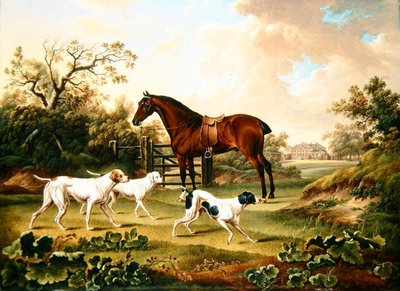 Un chasseur bai et trois pointeurs dans un paysage avec Lyston Hall au-delà - Charles Towne
