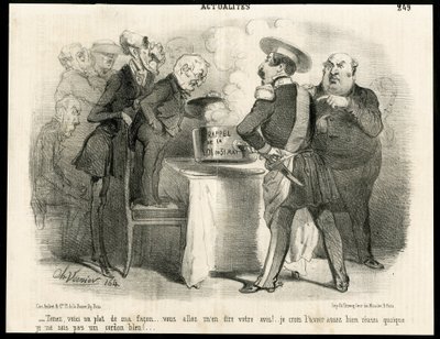 Illustration de Charles Vernier dans Le Charivari - Rappel de la loi du 31 mai 1850 - Élections, Président de la République, Taille, Loi, Droits de vote - Thiers Adolphe, Napoléon III, Dupin André-Marie dit Dupin aîné - Charles Vernier