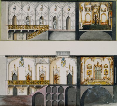 Projets Alternatifs pour le Hall, la Galerie et le Salon à Charleville Castle: Sections - Charles William Bury