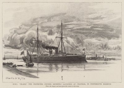 HMS Blake, le croiseur protégé récemment lancé à Chatham, dans le port de Portsmouth - Charles William Wyllie