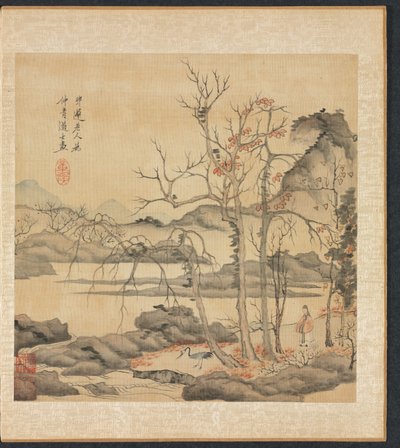 Taoïste et grue dans un paysage d