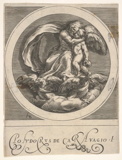 Jupiter, assis au-dessus de deux aigles et embrassant Cupidon, une composition ronde d