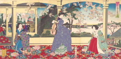 Fête dansante : profiter de la vue des cerisiers en fleurs à Ueno Tobukai, Ueno oka yuran no z..., mars 1887 - Chikanobu Yoshu