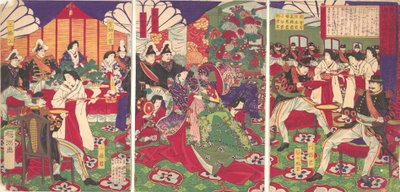 Les leaders de la pacification des rebelles de Kagoshima célébrant avec des coupes..., 20 septembre 1877 - Chikanobu Yoshu