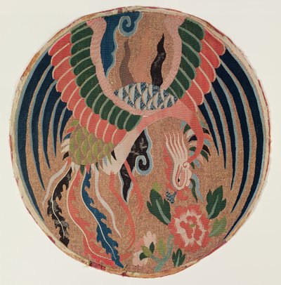 Médaillon avec feng-huang et pivoine (tapisserie, soie et or enroulé) - Chinese School