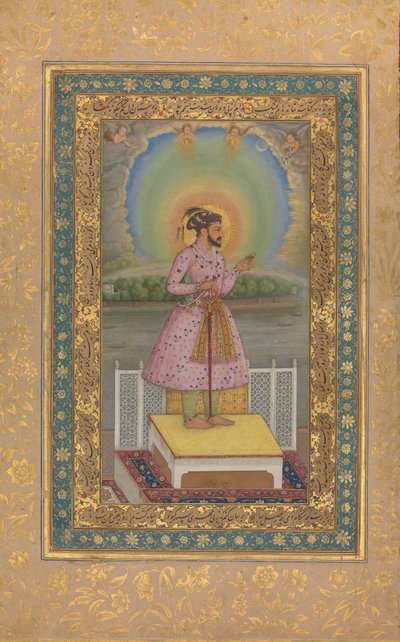 Shah Jahan sur une terrasse, tenant un pendentif avec son portrait (folio) - Chitarman