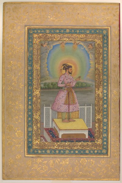 Shah Jahan sur une terrasse, tenant un pendentif avec son portrait, folio de l