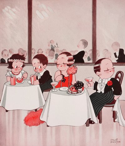 Town mice and country mice, Refined citizens vs unrefined countrymen, restaurant scene, dessin de Chloe Preston (1887-1969) tiré de The Tatler, No 1384, January 4 - Chloe Preston