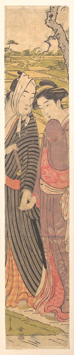 Ein Mann und ein Mädchen gehen in den Reisfeldern - Chobunsai Eishi