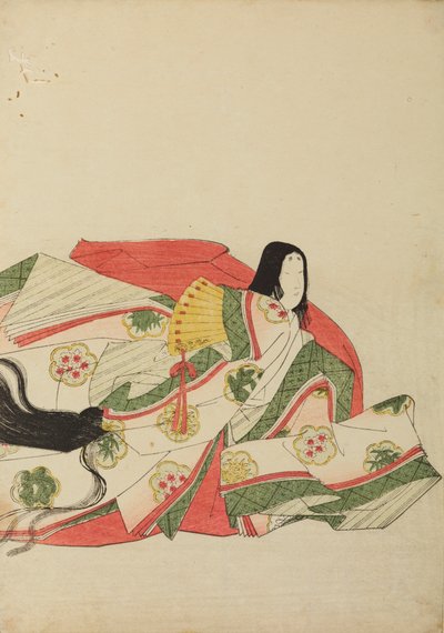 Dame de cour assise avec un éventail jaune, planche de l