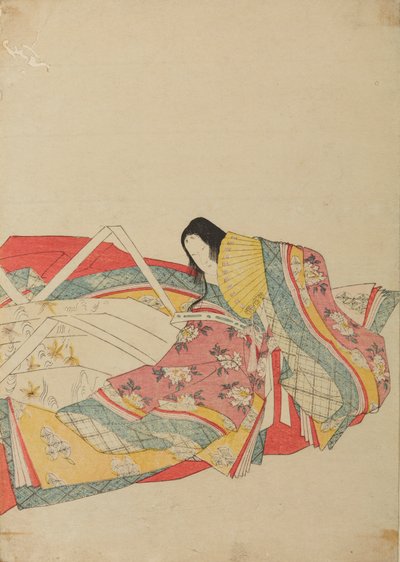 Dame de cour assise avec un éventail jaune, planche de l