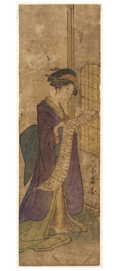 Dame lisant une longue lettre en rouleau - Chobunsai Eishi