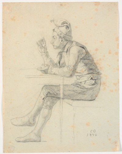 Garçon de ferme avec un bonnet à pompon à une table - Christen Dalsgaard