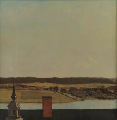 Crête de toit du château de Frederiksborg avec vue sur le lac, la ville et la forêt - Christen Købke