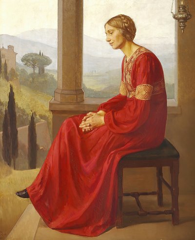 Une femme en robe rouge assise sur une terrasse dans un paysage italien - Christian Bang