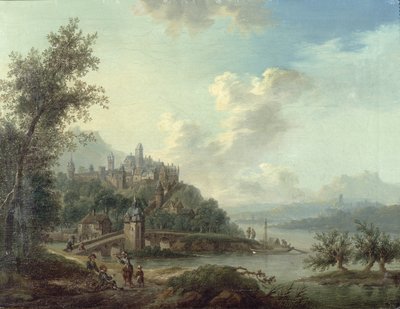 Vue du Rhin avec un pont et des figures au premier plan et une ville fortifiée sur une colline au-delà - Christian Georg II Schutz or Schuz