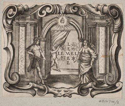 Emblème avec portail, homme et femme, amourin et deux cœurs brûlants - Christian Rothgiesser