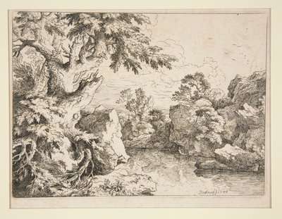 Paysage avec étang bordé de rochers et d