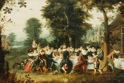 Figures élégantes assises à une table de banquet dans une clairière boisée - Christoffel Jacobsz van der Lamen