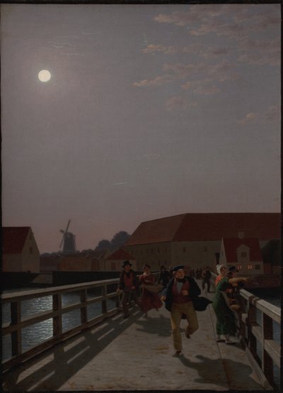 Langebro, Copenhague, au clair de lune avec des figures en mouvement - Christoffer Wilhelm Eckersberg