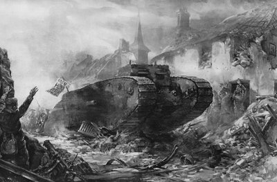 La première utilisation des navires terrestres blindés pendant la guerre, les « Tanks » sur le front occidental (lithographie) - Christopher (after) Clark