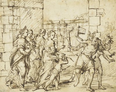La fête des Lupercales à Rome : Cupidon et les personnifications de la fertilité rencontrent les Luperci déguisés en chiens et en chèvres - Circle of Adam Elsheimer