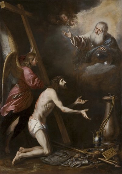 Espagnol : Cristo flagelado arrodillado ante Dios Padre (Christ flagellé agenouillé devant Dieu le Père) - Circle of Antonio del Castillo y Saavedra