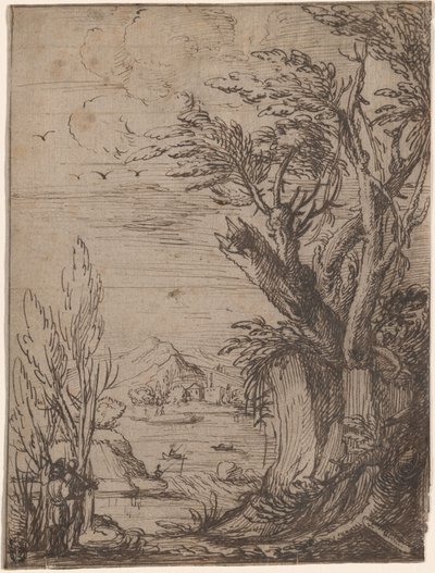Paysage avec arbres noueux et pêcheur - Circle of Jacques de Gheyn