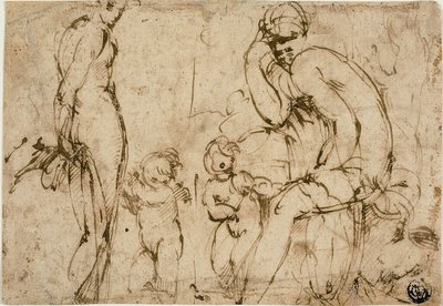 Vénus et Mars avec Putti (recto) ; Homme barbu se déplaçant vers la droite (verso) - Circle of Parmigianino