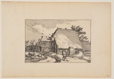 Une ferme, un homme avec deux seaux sur le chemin devant, tiré de Paysages (Verscheyden aerdige Lanthuysen...) - Claes Jansz. Visscher