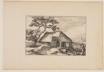 Grange, troupeau reposant sur son bâton au premier plan à droite, tiré de Paysages (Verscheyden aerdige Lanthuysen...) - Claes Jansz. Visscher