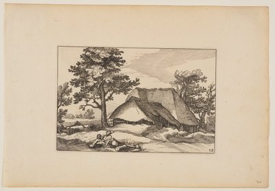 Granges, troupeau au repos et chien au centre au premier plan, extrait de Paysages (Verscheyden aerdige Lanthuysen...) - Claes Jansz. Visscher