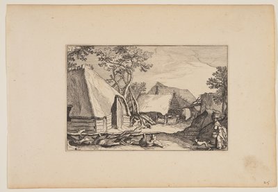 Granges, femme et chien au premier plan à droite, extrait de Paysages (Verscheyden aerdige Lanthuysen...) - Claes Jansz. Visscher
