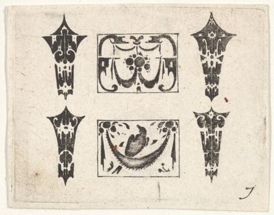 Gravure en noir avec deux panneaux horizontaux et quatre cabochons - Claes Jansz Visscher