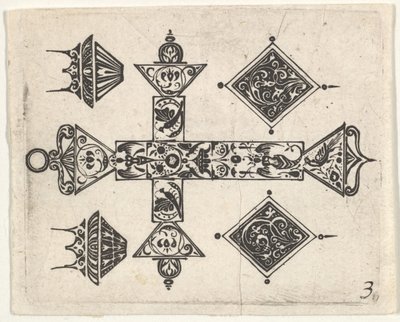 Gravure en noir avec une croix latine et quatre motifs, vers 1620 - Claes Jansz Visscher