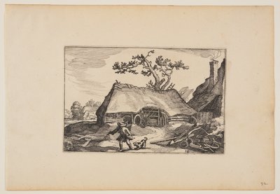Ferme avec hangar pour charrette, homme avec chien aboyant, from Paysages - Claes Jansz. Visscher