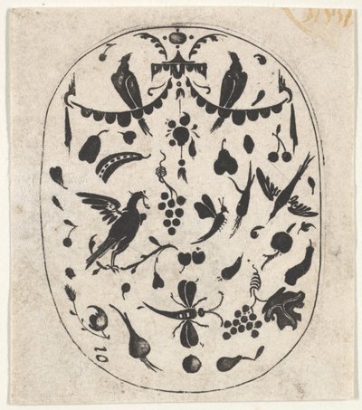Gravure en noir ovale avec des oiseaux, des insectes et des fruits, ca. 1620 - Claes Jansz Visscher