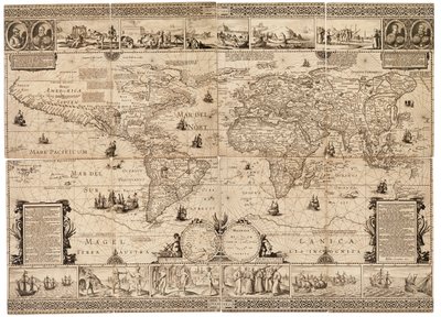 La feuille est un composite de huit sections et une gravure, collée sur carton. Échelle : environ 1:35,000,000. - Claes Jansz Visscher