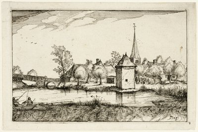 Étang et village, planche quinze après Images de fermes, de maisons de campagne et de villages rustiques (Praediorum villarum et rusticarum casularum icones) - Claes Jansz. Visscher II