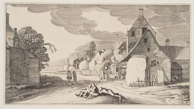 Trois paysans se reposant à un carrefour dans un village, extrait de Paysages (Playsante Lantschappen) - Claes Jansz. Visscher II