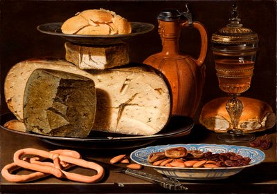 Dutch : Nature morte aux fromages, amandes et bretzels Nature morte aux fromages, amandes et bretzels - Clara Peeters